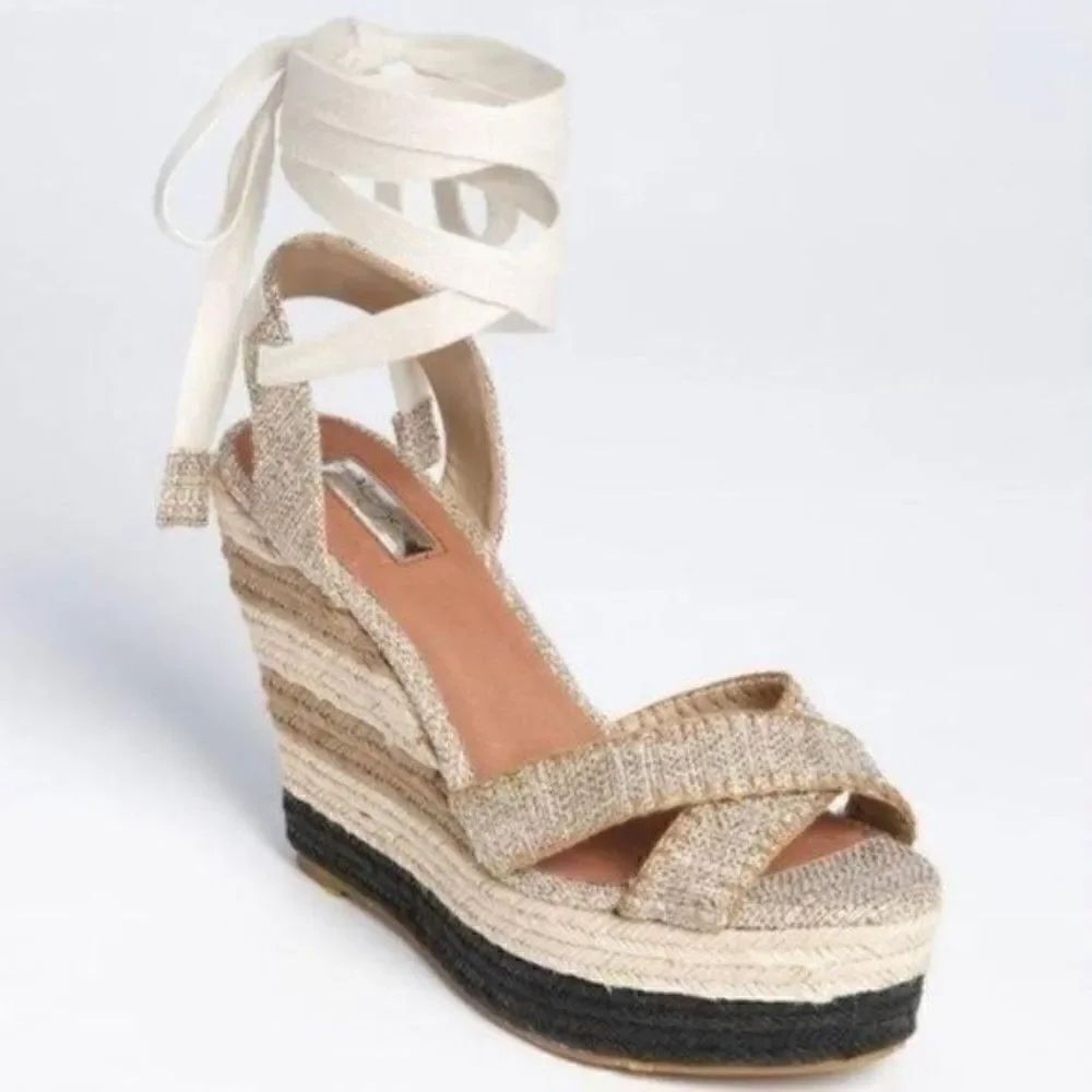 Halogen womans nude lace up Espadrille wedges sz 10 BoxP